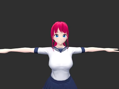 Woman with red hair and blue eyes wearing white top dark blue skirt arms outstretched 3d model