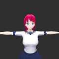 Woman with red hair and blue eyes wearing white top dark blue skirt arms outstretched