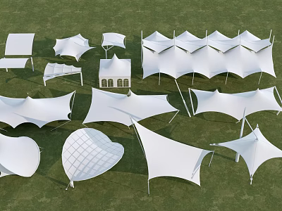 Tensile Membrane Outdoor Structures With Various Shapes And Architectural Designs On Grassland 3d model