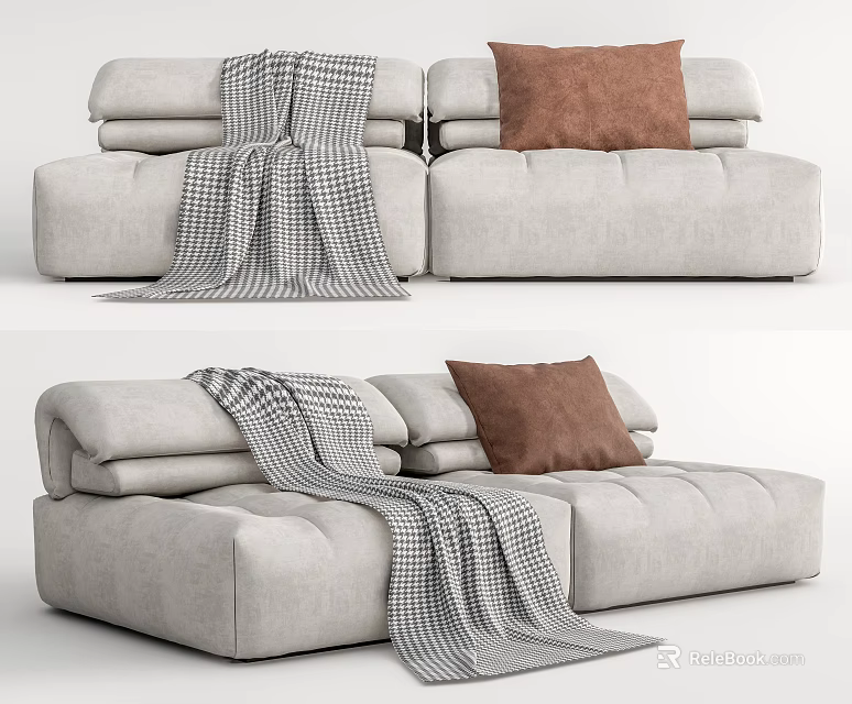 Modern Light Gray Two-Seater Sofa With Brown Pillow And Plaid Blanket 3d model 