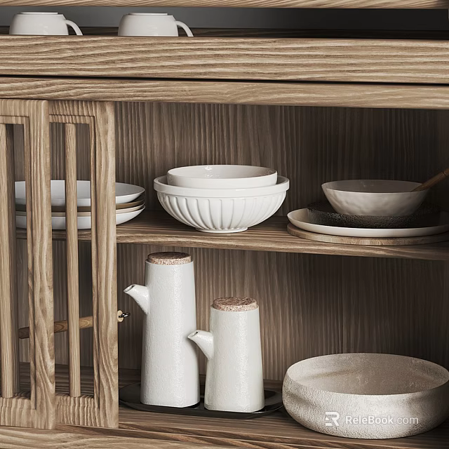 White Ceramic Tableware Set With Bowls Plates On Wooden Kitchen Shelf 3d model 
