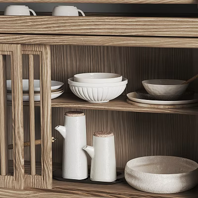 White Ceramic Tableware Set With Bowls Plates On Wooden Kitchen Shelf 3d model