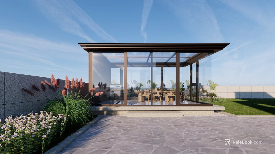 Villa Balcony With Glass Structure Wooden Dining Set Green Plants And Stone Pavement 3d model 