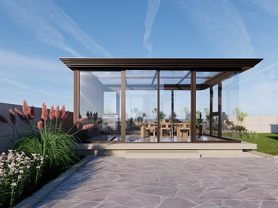 Villa Balcony With Glass Structure Wooden Dining Set Green Plants And Stone Pavement 3d model