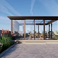 Villa Balcony With Glass Structure Wooden Dining Set Green Plants And Stone Pavement