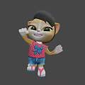 Cartoon Cat Game Character Waving Hand With Black Short Hair Red Top And Blue Shorts