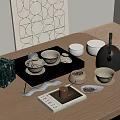 Modern Ceramic Tea Set with Teapot Cups Wooden Tray and Tea Caddy on Natural Tabletop
