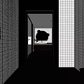 Modern Bathroom Interior With White Grid Tiles Black Vanity Round Mirror Shower Area And Toilet