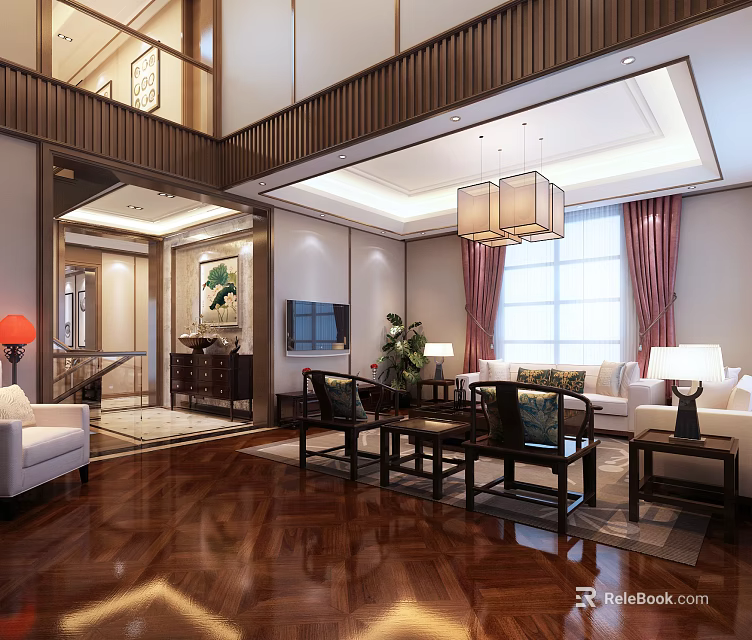 Traditional Chinese Living Room Interior With High Ceiling Wooden Floors Pendant Lights And Large Window 3d model 