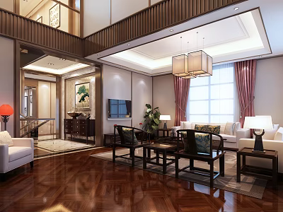 Traditional Chinese Living Room Interior With High Ceiling Wooden Floors Pendant Lights And Large Window 3d model