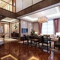Traditional Chinese Living Room Interior With High Ceiling Wooden Floors Pendant Lights And Large Window