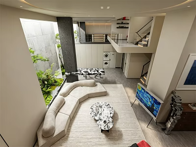 Modern Basement Interior Design With Sofa Coffee Table TV Indoor Plants And Stairs 3d model
