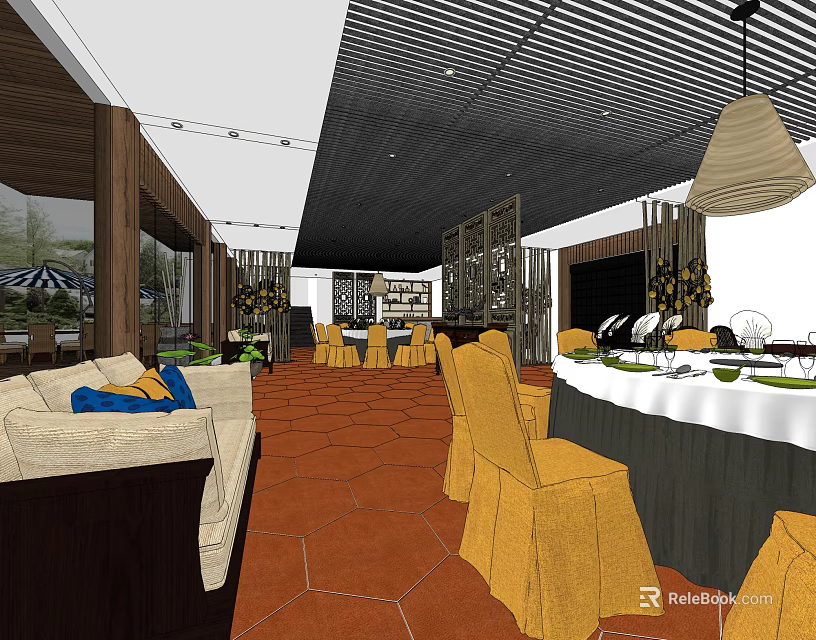 Elegant Restaurant Interior With Sofa Seating Dining Tables Yellow Chairs And Red Tiled Floor 3d model 