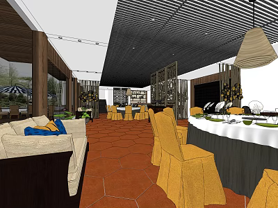 Elegant Restaurant Interior With Sofa Seating Dining Tables Yellow Chairs And Red Tiled Floor 3d model