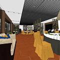 Elegant Restaurant Interior With Sofa Seating Dining Tables Yellow Chairs And Red Tiled Floor