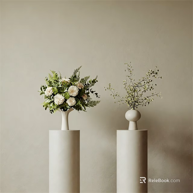 White Vases with Flowers Green Leaves and Small Blooms on Cylindrical Bases Minimalist Neutral Background 3d model 