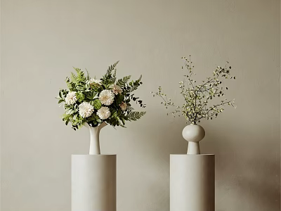 White Vases with Flowers Green Leaves and Small Blooms on Cylindrical Bases Minimalist Neutral Background 3d model
