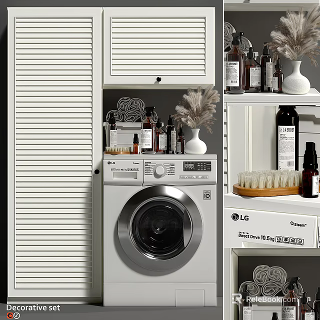 Organized Laundry Space With Washing Machine Detergent Bottles Laundry Brush And Storage Shelves 3d model 