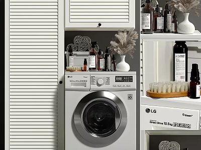 Organized Laundry Space With Washing Machine Detergent Bottles Laundry Brush And Storage Shelves 3d model