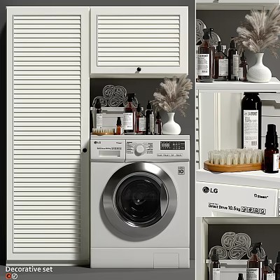 Organized Laundry Space With Washing Machine Detergent Bottles Laundry Brush And Storage Shelves 3d model