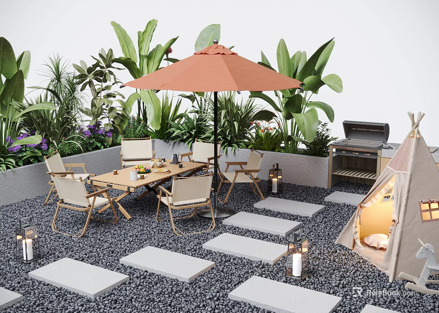 Courtyard Garden With Orange Umbrella Outdoor Dining Set Green Plants Grill And Stone Paths 3d model 