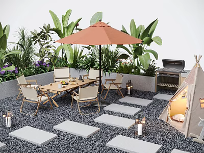 Courtyard Garden With Orange Umbrella Outdoor Dining Set Green Plants Grill And Stone Paths 3d model
