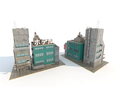 Cartoon City Scene With Two Green Gray Buildings Windows And Antennas Details 3d model