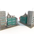 Cartoon City Scene With Two Green Gray Buildings Windows And Antennas Details