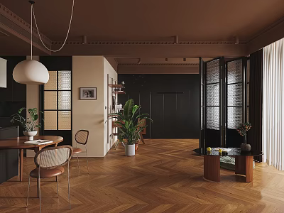 Modern Dining And Living Room Interior Design With Brown Walls Herringbone Flooring And Pendant Light 3d model
