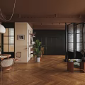 Modern Dining And Living Room Interior Design With Brown Walls Herringbone Flooring And Pendant Light