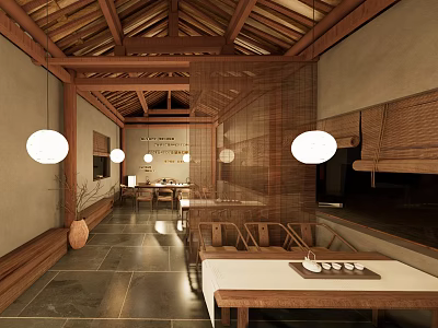 Traditional Teahouse Interior Design With Wooden Roof Beams White Lanterns Bamboo Screens And Stone Flooring 3d model