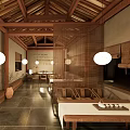 Traditional Teahouse Interior Design With Wooden Roof Beams White Lanterns Bamboo Screens And Stone Flooring