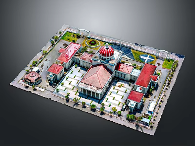 Aerial View Of Red Roofed Domed Building With Plaza Greenery And Open Space Layout 3d model