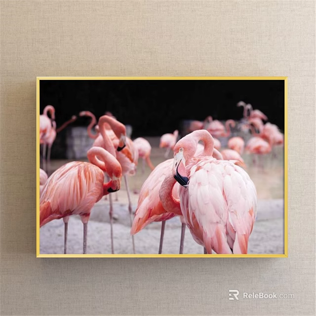 Pink Flamingo Animal Painting With Group Of Standing Birds In Natural Scene 3d model