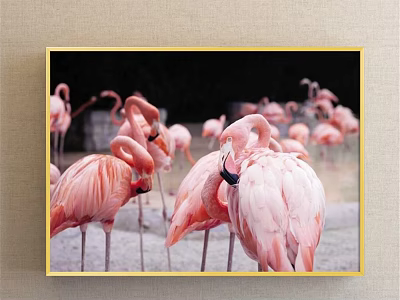 Pink Flamingo Animal Painting With Group Of Standing Birds In Natural Scene 3d model