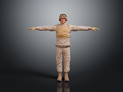 Game Movie Character In Military Camouflage Uniform With Helmet Tactical Vest And Arms Outstretched Pose 3d model