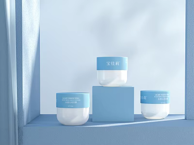 Fresh Minimalist Cosmetic Skincare White Jars With Blue Lids On Display Stand 3d model