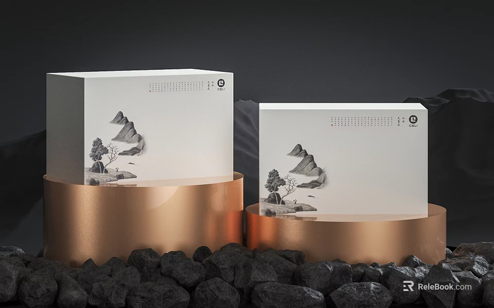 Elegant Ornament Decoration Set With White Boxes Mountain Patterns Golden Bases And Black Stones 3d model 