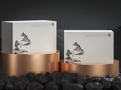 Elegant Ornament Decoration Set With White Boxes Mountain Patterns Golden Bases And Black Stones 3d model