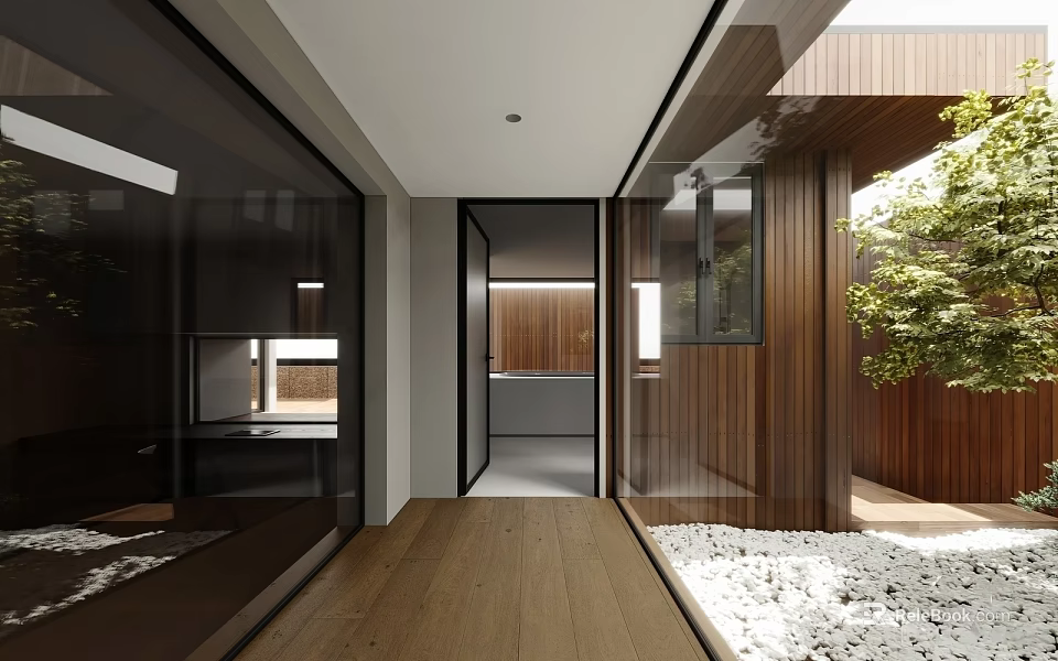 Modern Contemporary Garden Landscape Design With Wooden Walls Glass Doors And Pebble Courtyard 3d model 