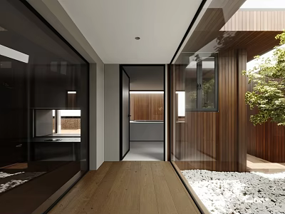 Modern Contemporary Garden Landscape Design With Wooden Walls Glass Doors And Pebble Courtyard 3d model