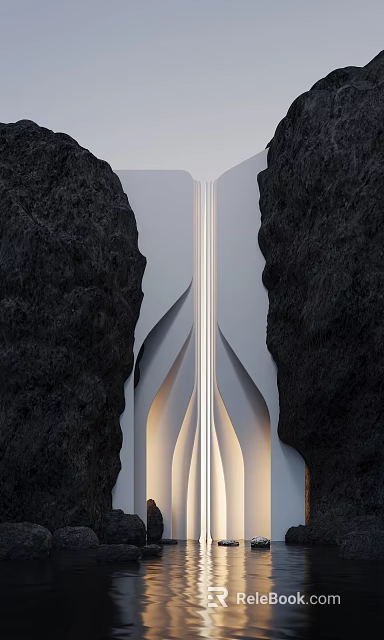 Modern Black Stone And Folded Wood Structure With Illuminated Warm Lighting Design 3d model 
