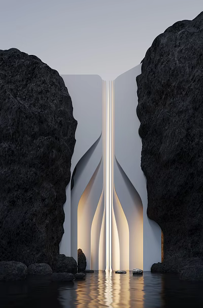 Modern Black Stone And Folded Wood Structure With Illuminated Warm Lighting Design 3d model