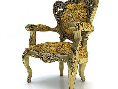 Ornate Vintage Accent Chair With Golden Carved Frame Patterned Fabric And Armrest Design 3d model