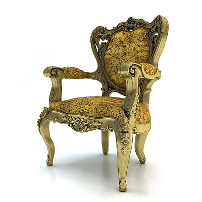 Ornate Vintage Accent Chair With Golden Carved Frame Patterned Fabric And Armrest Design 3d model