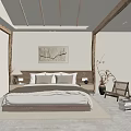 Hotel Room Interior With Wooden Ceiling Beams Large Bed Decorative Painting And Window Armchair