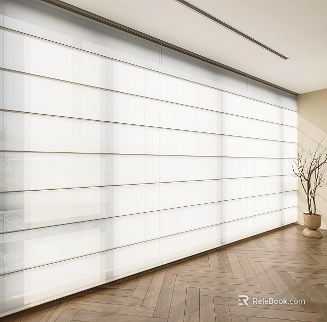 Modern White Vertical Curtains Allowing Light Through Wooden Floor And Potted Plant 3d model 