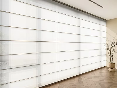 Modern White Vertical Curtains Allowing Light Through Wooden Floor And Potted Plant 3d model