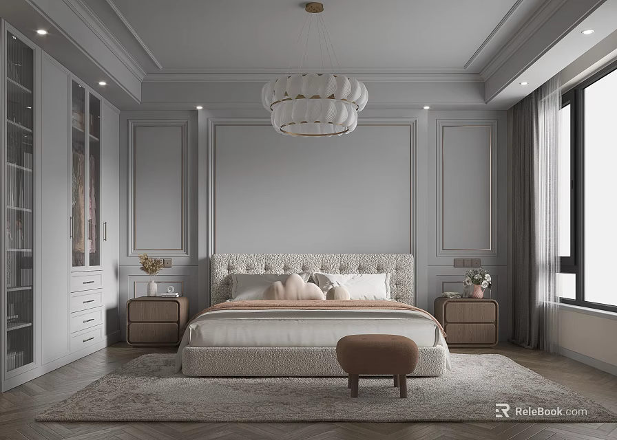 Elegant Modern Bedroom Interior With Upholstered Bed Wooden Nightstands Chandelier And Wall Panels 3d model 