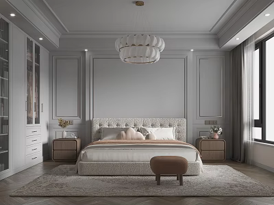 Elegant Modern Bedroom Interior With Upholstered Bed Wooden Nightstands Chandelier And Wall Panels 3d model